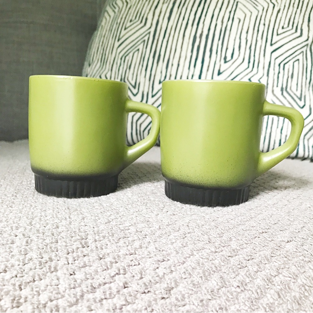 Fire King Mug Set of 2 Olive Green with Black Ombre Vintage 1950s MCM